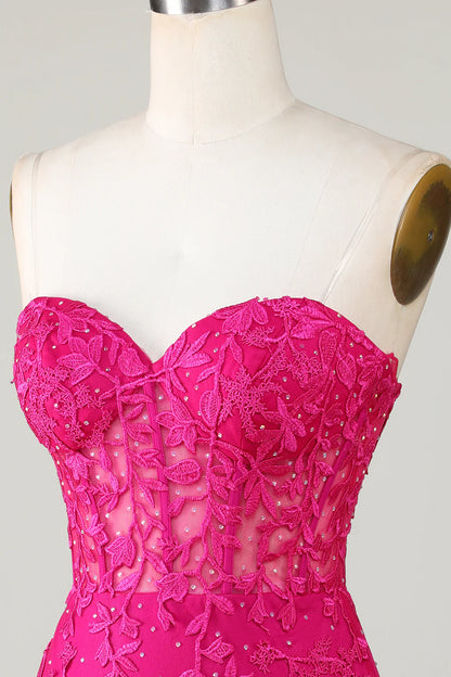 Hot Pink Strapless Tight Homecoming Dress With Appliques