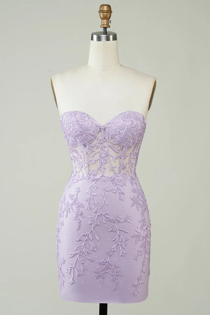 Purple Strapless Tight Homecoming Dress With Appliques