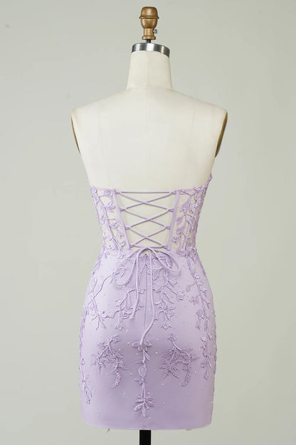 Purple Strapless Tight Homecoming Dress With Appliques