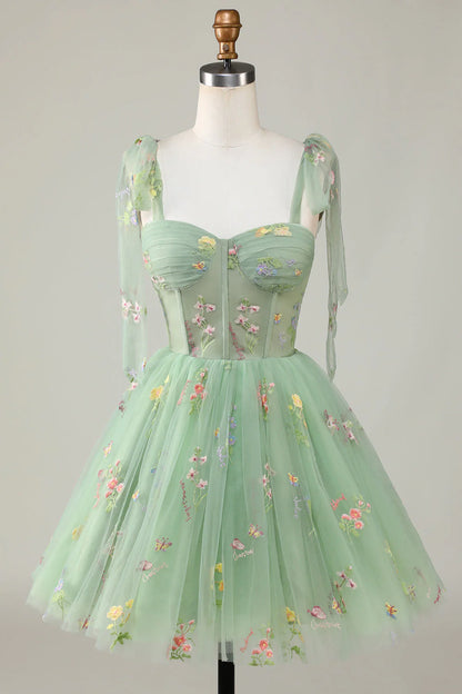 A-Line Corset Green Homecoming Dress With Embroidered