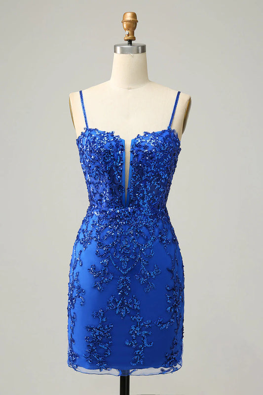 Bodycon Spaghetti Straps Sequins Short Homecoming Dress With Criss Cross Back