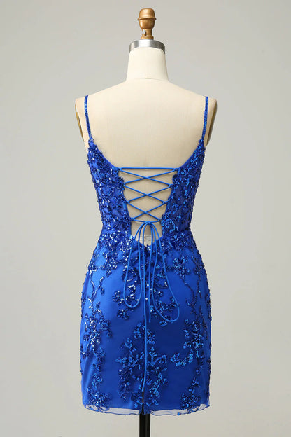 Bodycon Spaghetti Straps Sequins Short Homecoming Dress With Criss Cross Back