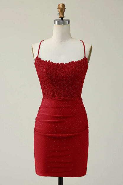 Dark Red Bodycon Spaghetti Straps Short Homecoming Dress With Appliques