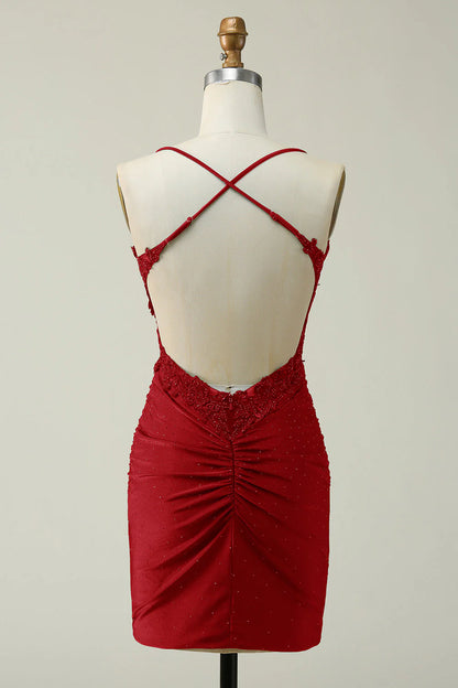 Dark Red Bodycon Spaghetti Straps Short Homecoming Dress With Appliques