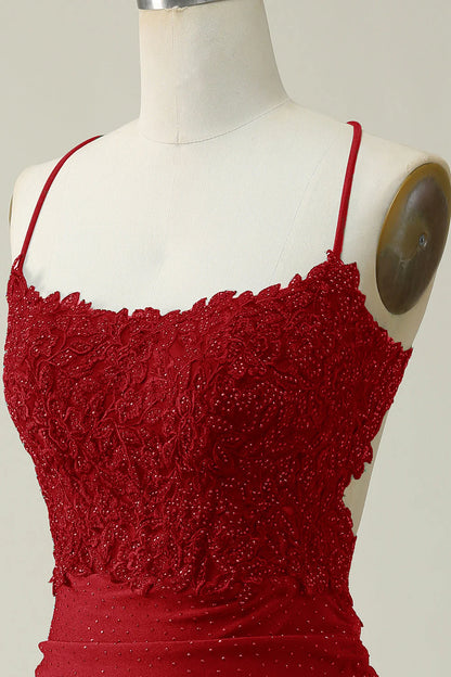 Dark Red Bodycon Spaghetti Straps Short Homecoming Dress With Appliques