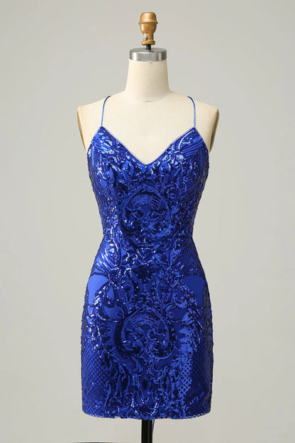 Sheath Spaghetti Straps Sequins Short Royal Blue Homecoming Dress