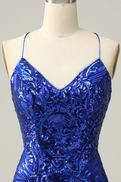 Sheath Spaghetti Straps Sequins Short Royal Blue Homecoming Dress