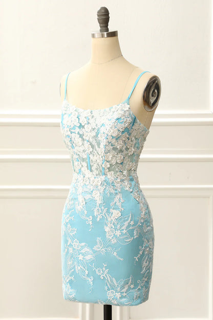 Corset Tight Light Blue Homecoming Dress With Appliques