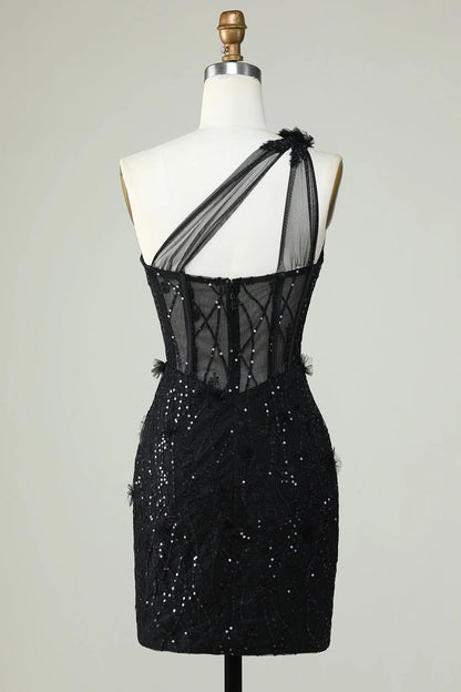 One Shoulder Corset Homecoming Dress With Sequins