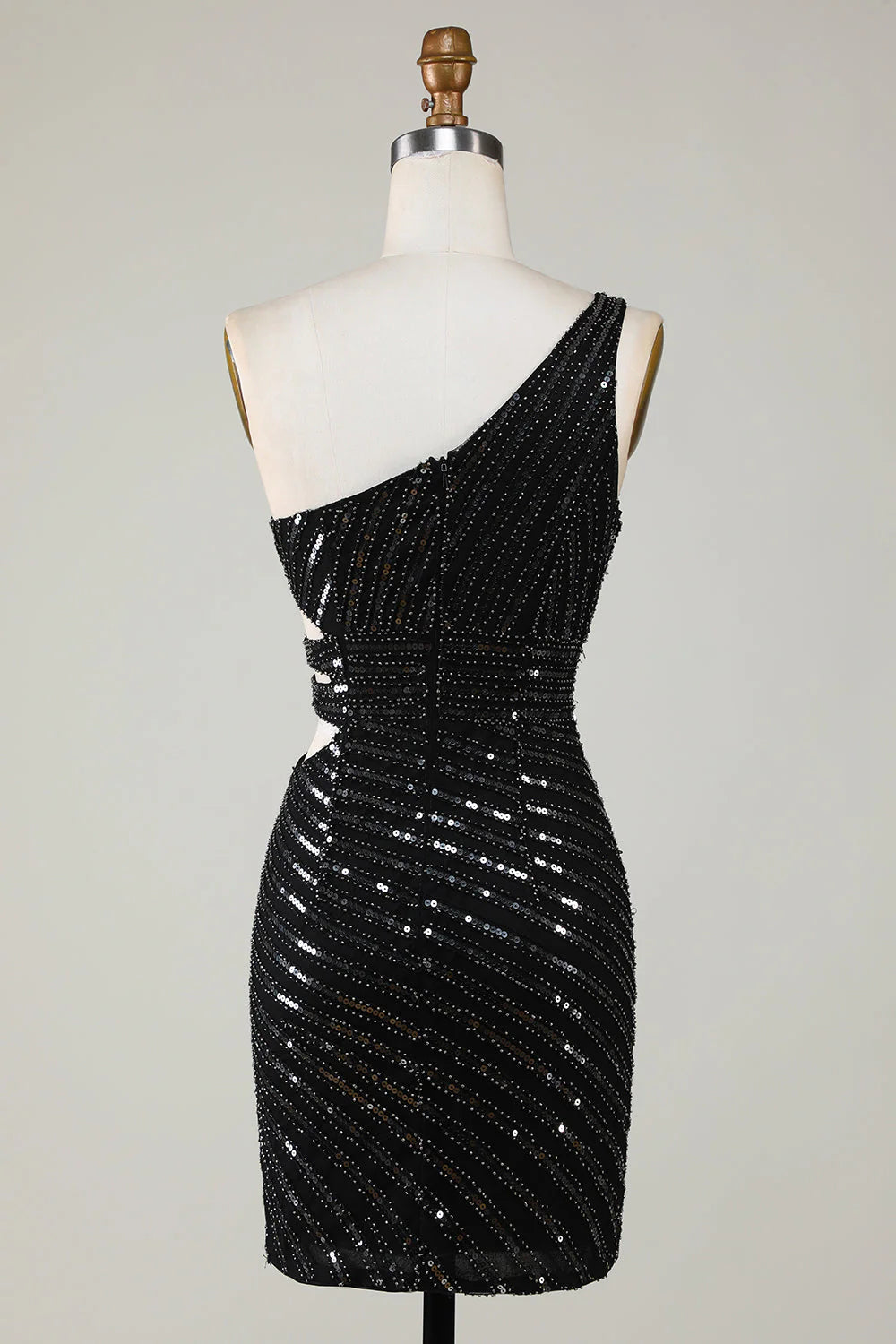 One Shoulder Sparkly Bodycon Black Sequins Short Homecoming Dress With Cut Out