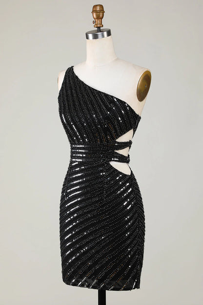 One Shoulder Sparkly Bodycon Black Sequins Short Homecoming Dress With Cut Out