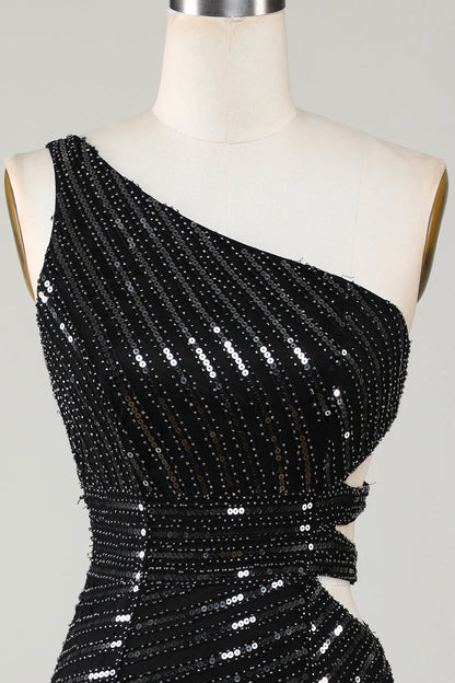 One Shoulder Sparkly Bodycon Black Sequins Short Homecoming Dress With Cut Out