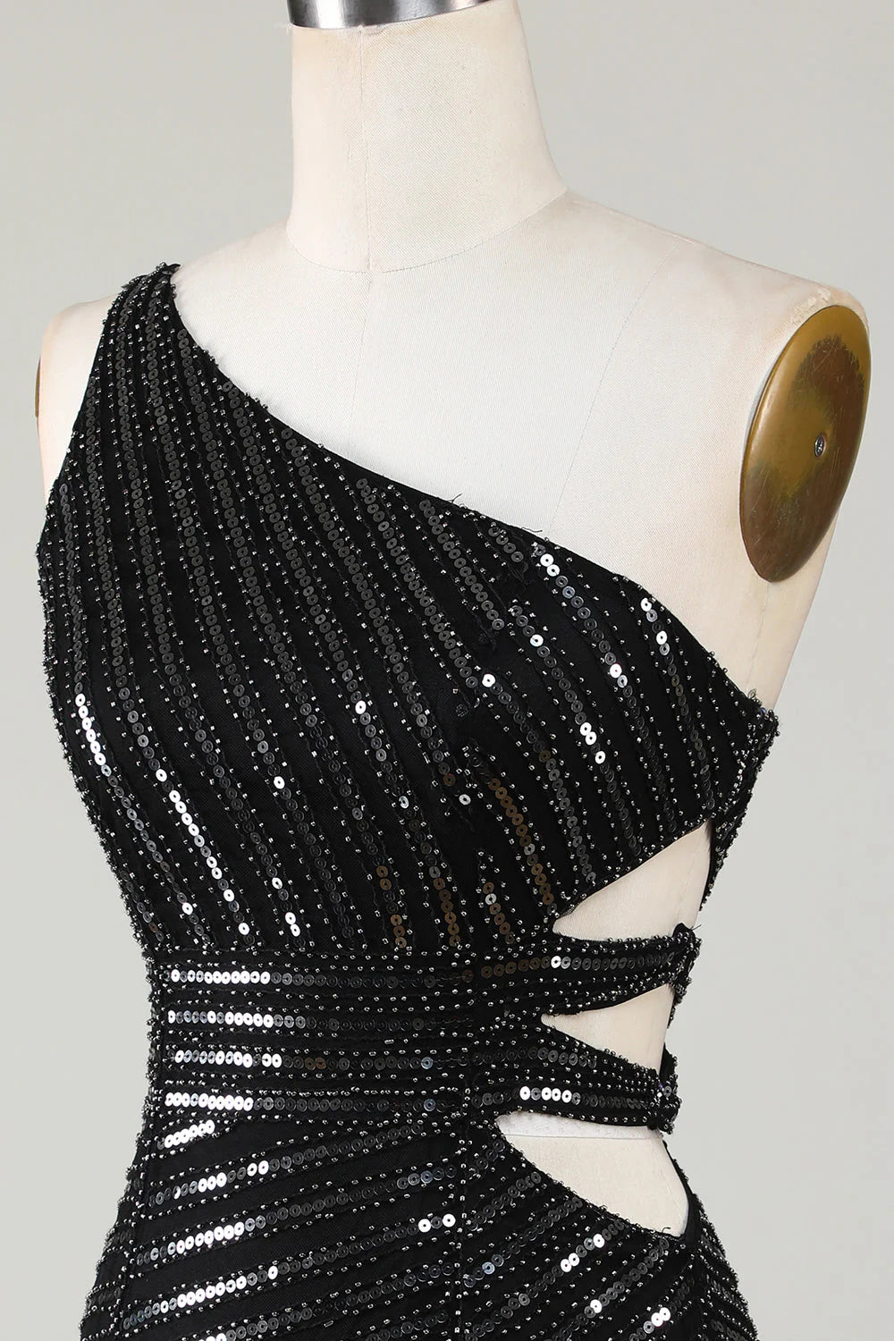 One Shoulder Sparkly Bodycon Black Sequins Short Homecoming Dress With Cut Out