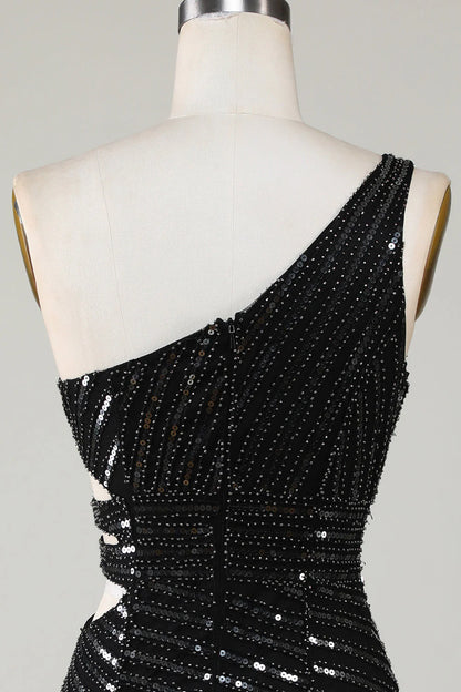 One Shoulder Sparkly Bodycon Black Sequins Short Homecoming Dress With Cut Out