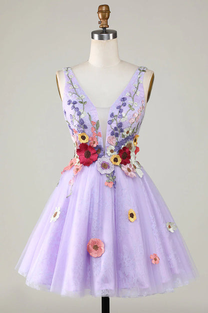 A Line Cute Lavender Homecoming Dress With 3D Floral