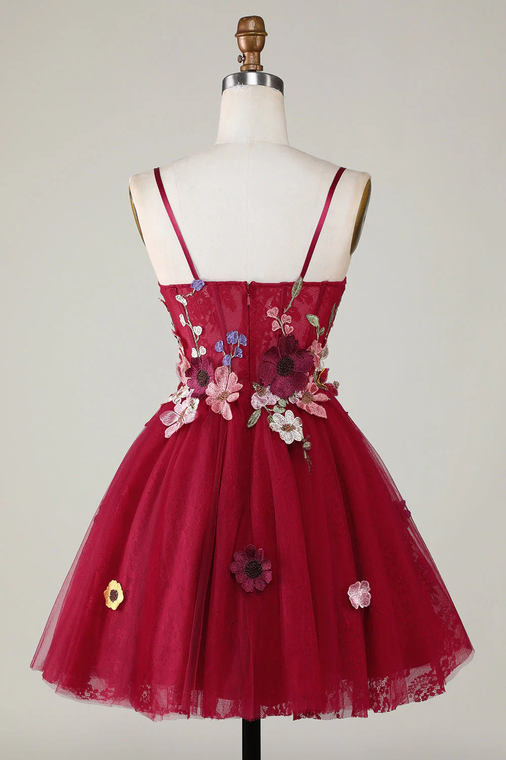 A Line Spaghetti Straps Burgundy Gorgeous Short Homecoming Dress With 3D Flowers