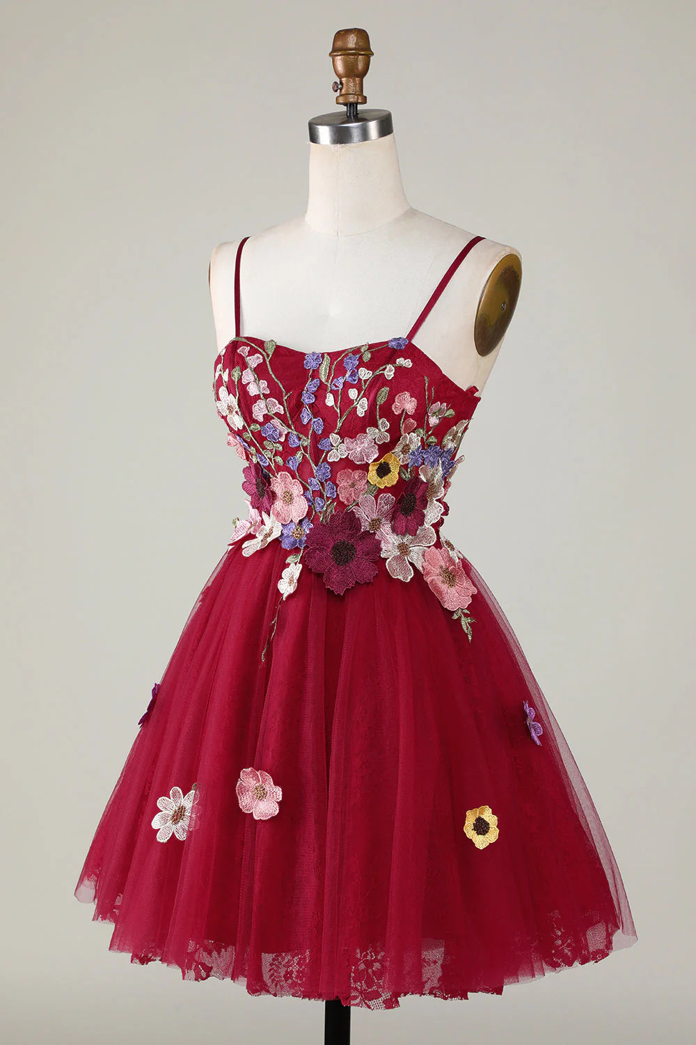 A Line Spaghetti Straps Burgundy Gorgeous Short Homecoming Dress With 3D Flowers