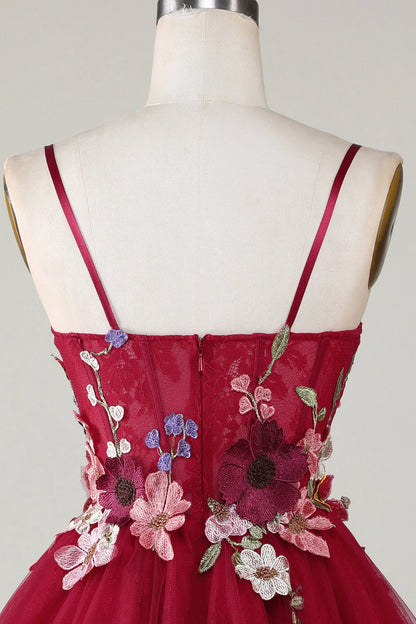 A Line Spaghetti Straps Burgundy Gorgeous Short Homecoming Dress With 3D Flowers