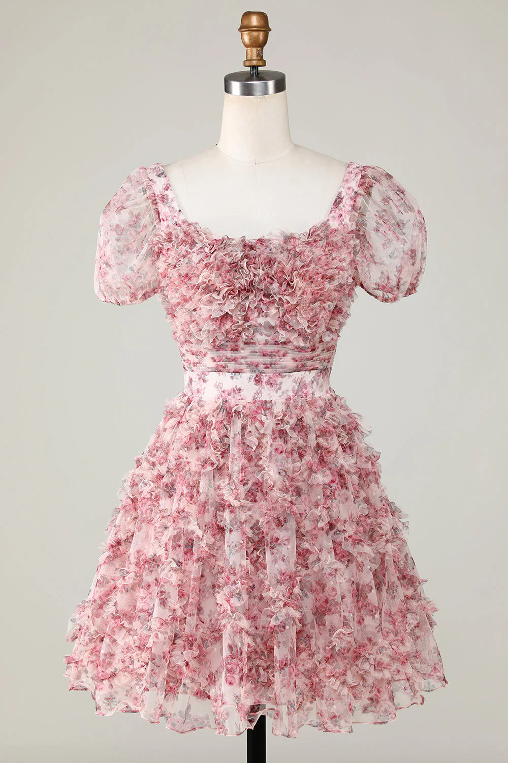 A Line Floral Cute Homecoming Dress With Ruffles