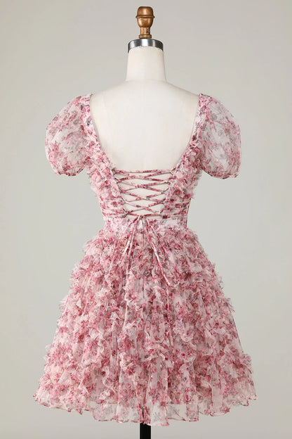 A Line Floral Cute Homecoming Dress With Ruffles