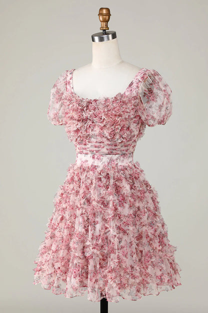 A Line Floral Cute Homecoming Dress With Ruffles