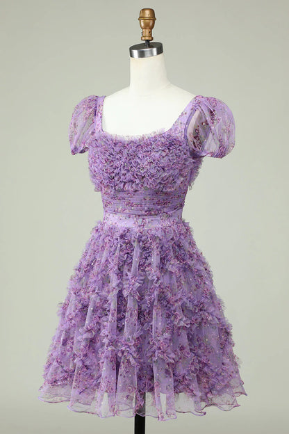 A Line Floral Cute Homecoming Dress With Ruffles