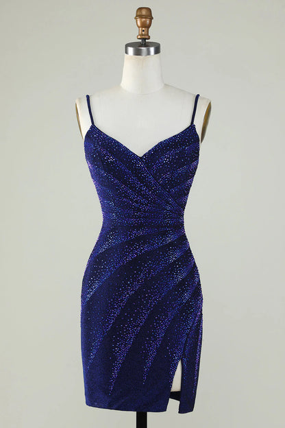 Royal Blue Sparkly Sheath Spaghetti Straps Short Homecoming Dress With Beading