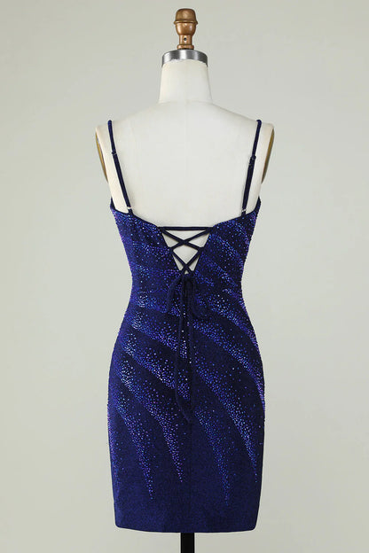 Royal Blue Sparkly Sheath Spaghetti Straps Short Homecoming Dress With Beading