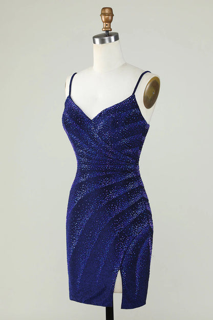 Royal Blue Sparkly Sheath Spaghetti Straps Short Homecoming Dress With Beading