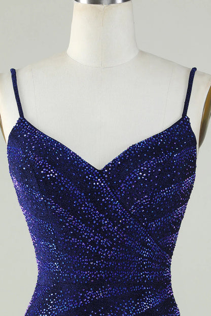 Royal Blue Sparkly Sheath Spaghetti Straps Short Homecoming Dress With Beading