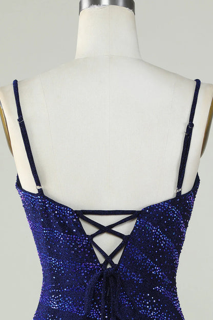 Royal Blue Sparkly Sheath Spaghetti Straps Short Homecoming Dress With Beading