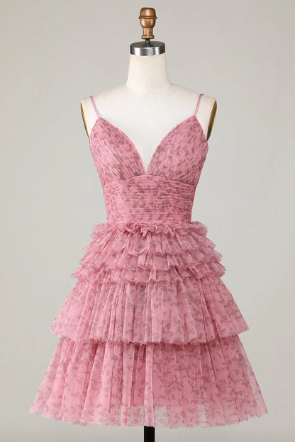 Blush Cute A Line Spaghetti Straps Homecoming Dress With Ruffles