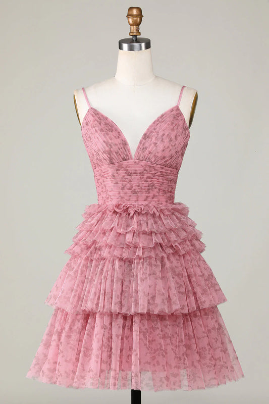 Blush Cute A Line Spaghetti Straps Homecoming Dress With Ruffles