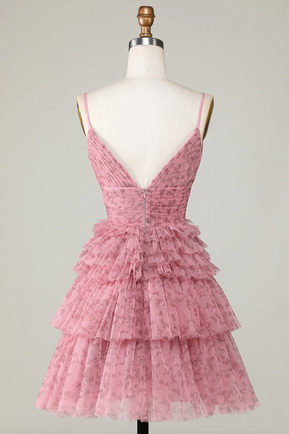 Blush Cute A Line Spaghetti Straps Homecoming Dress With Ruffles