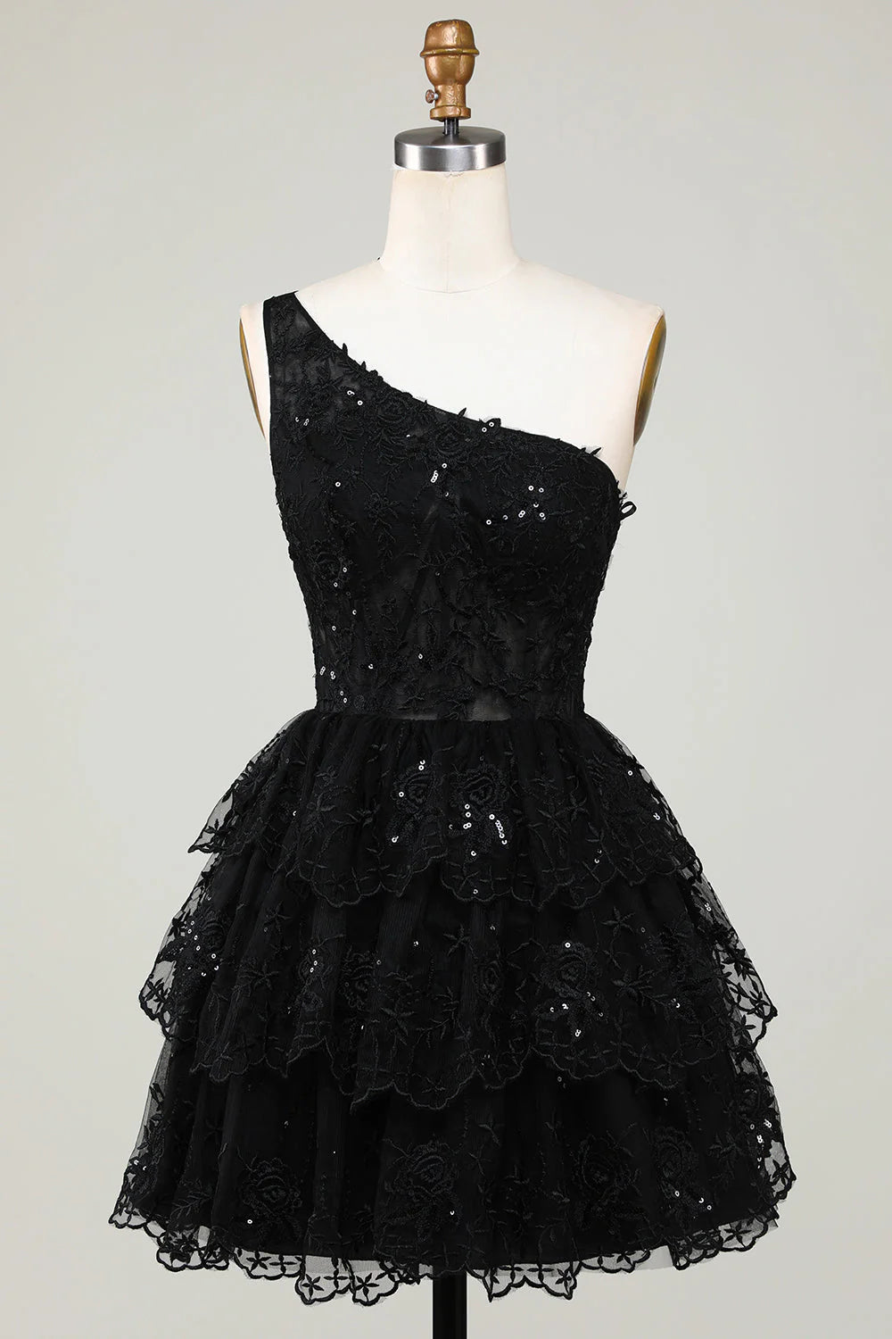 Black Glitter One Shoulder Homecoming Dress With Appliques