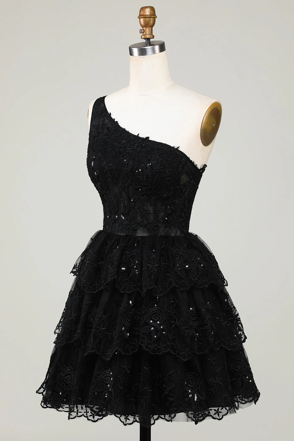 Black Glitter One Shoulder Homecoming Dress With Appliques