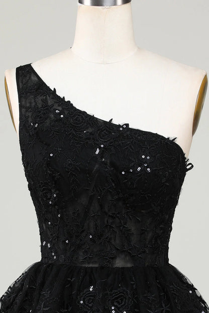 Black Glitter One Shoulder Homecoming Dress With Appliques