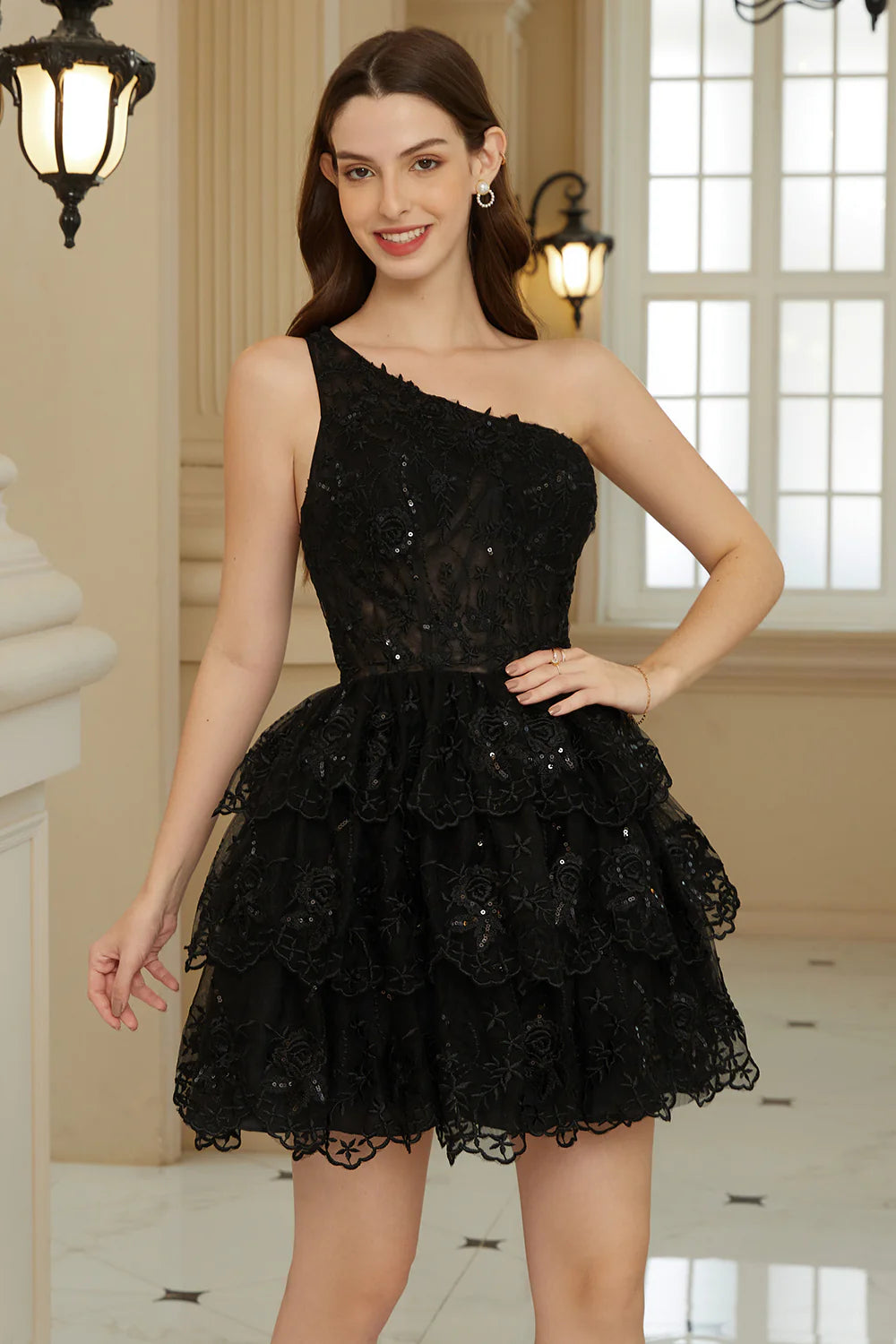 Black Glitter One Shoulder Homecoming Dress With Appliques