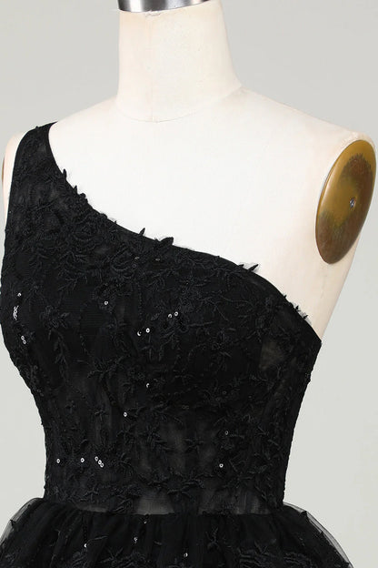 Black Glitter One Shoulder Homecoming Dress With Appliques