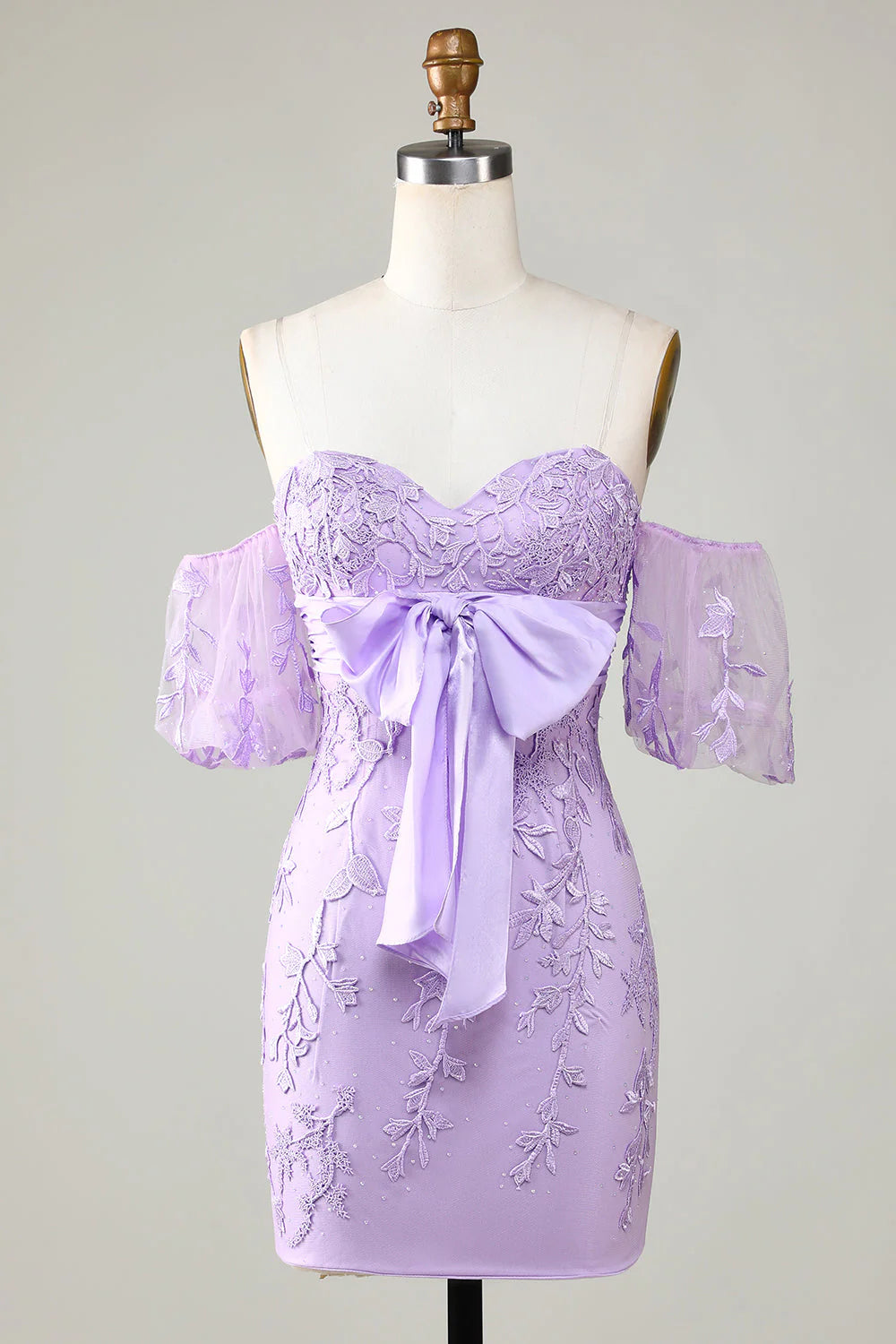 Off The Shoulder Tight Lavender Homecoming Dress With Bowknot