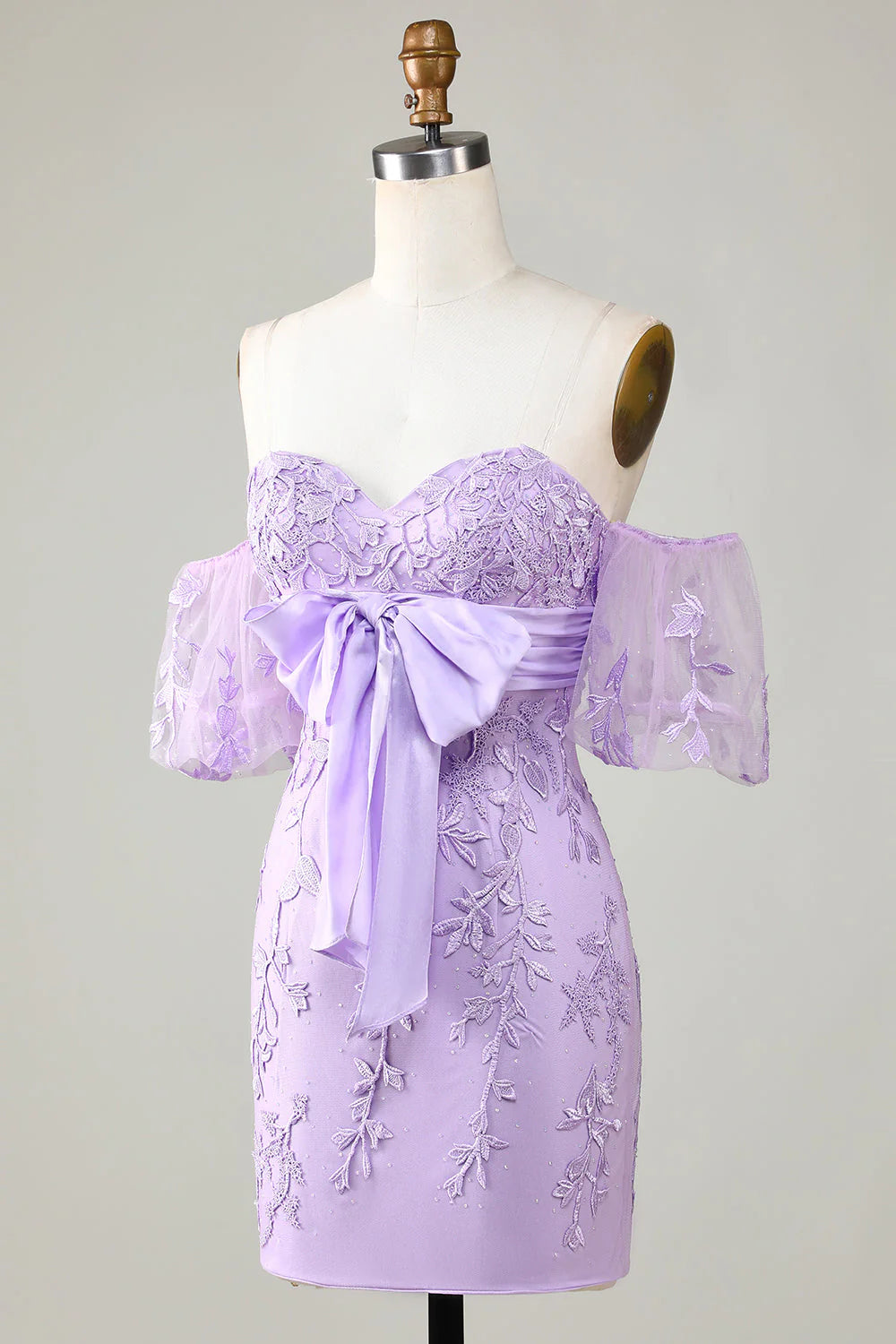 Off The Shoulder Tight Lavender Homecoming Dress With Bowknot