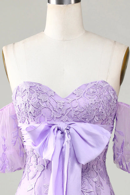 Off The Shoulder Tight Lavender Homecoming Dress With Bowknot