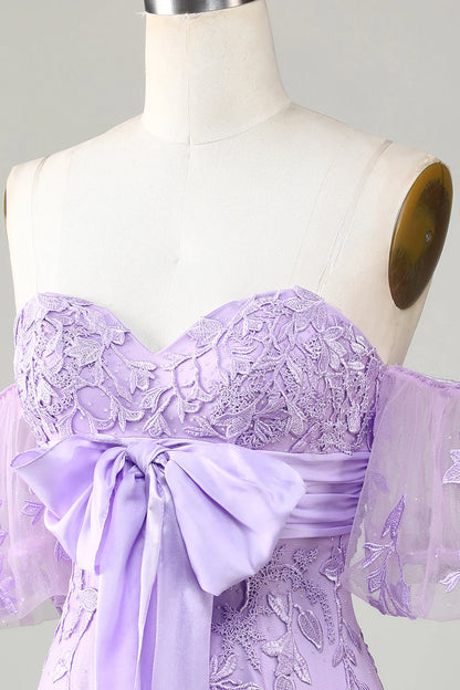 Off The Shoulder Tight Lavender Homecoming Dress With Bowknot