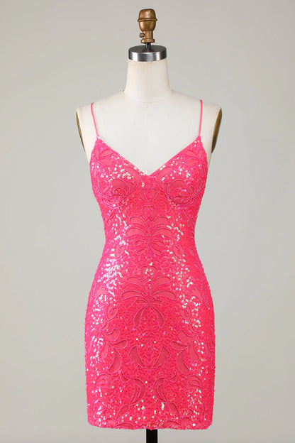 Sparkly Beaded Tight Short Hot Pink Homecoming Dress