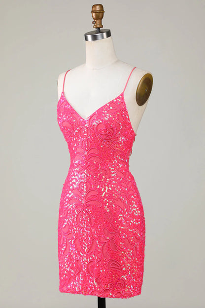 Sparkly Beaded Tight Short Hot Pink Homecoming Dress