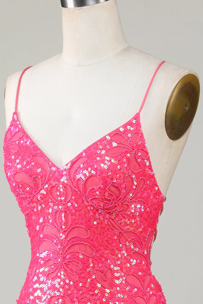 Sparkly Beaded Tight Short Hot Pink Homecoming Dress