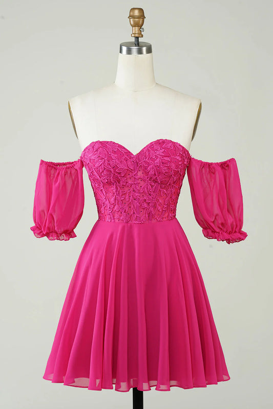 Corset A-Line Chiffon Short Hot Pink Homecoming Dress With Lace