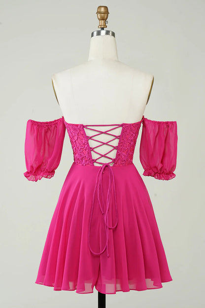 Corset A-Line Chiffon Short Hot Pink Homecoming Dress With Lace