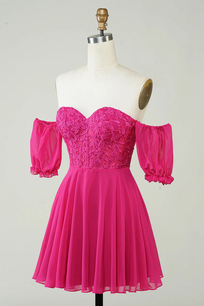 Corset A-Line Chiffon Short Hot Pink Homecoming Dress With Lace