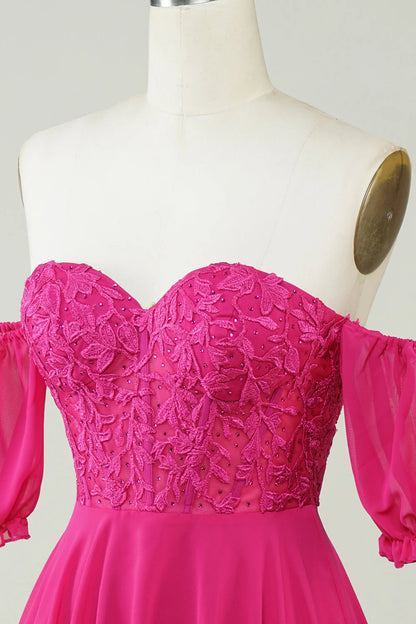 Corset A-Line Chiffon Short Hot Pink Homecoming Dress With Lace